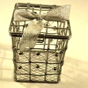 Silver Metal Wire Basket Beaded Gift Box hinged Lid Wedding Anniversary